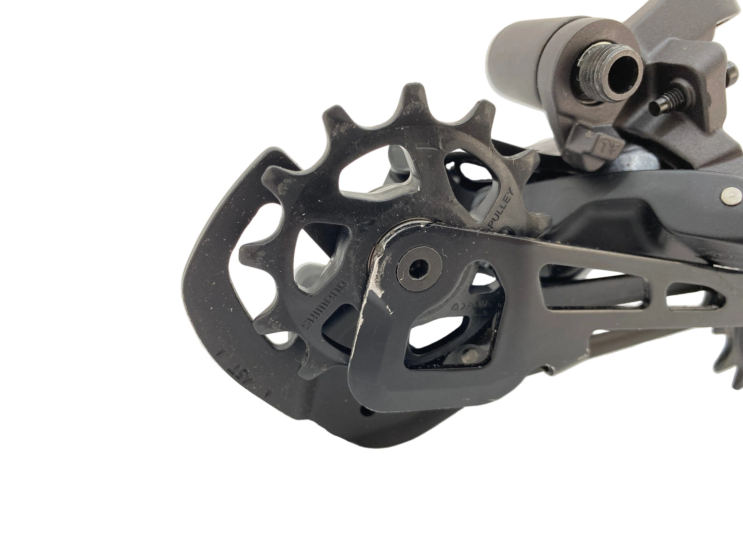 close up of scratches on the derailleur cage