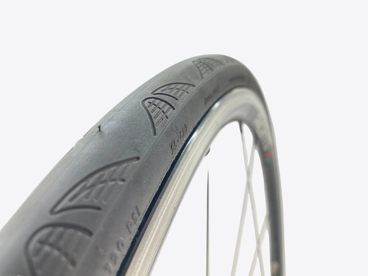 close up of the front tire and brake track