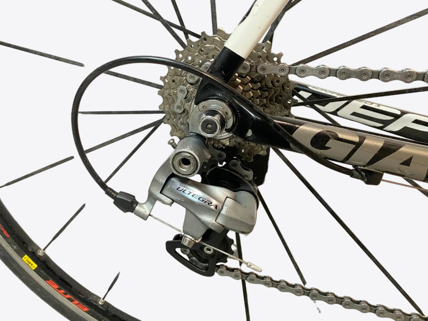 close up of the rear derailleur and cassette