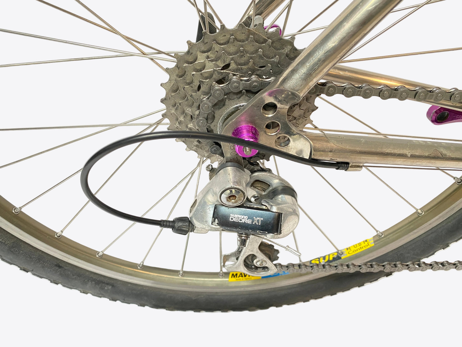 close up of the derailleur and cassette